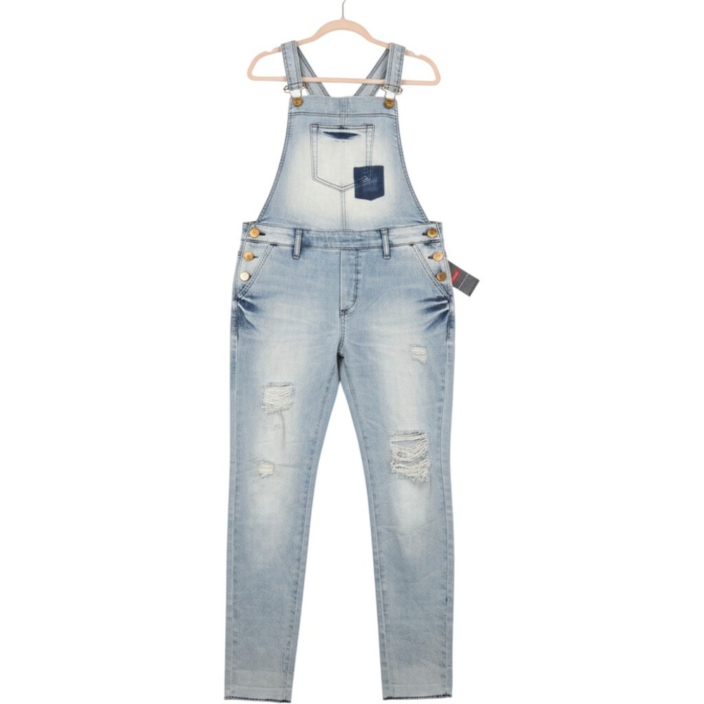JeanDarrot Light Wash Distressed Denim Overalls Gold Hardware Brazil Size 44